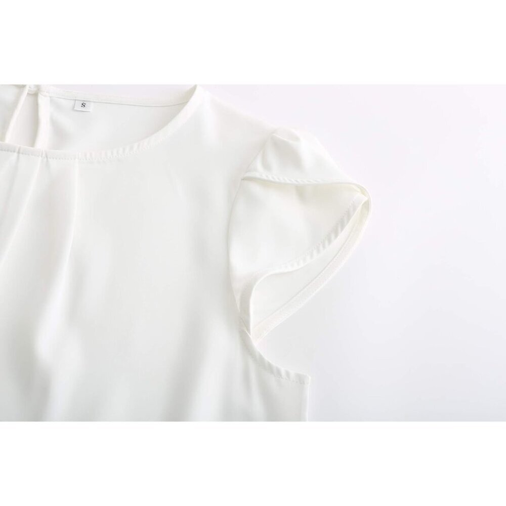 Women's Chiffon Pleated Cap Sleeve Blouse Curved Hem Casual Office Wear - Picture 4 of 5